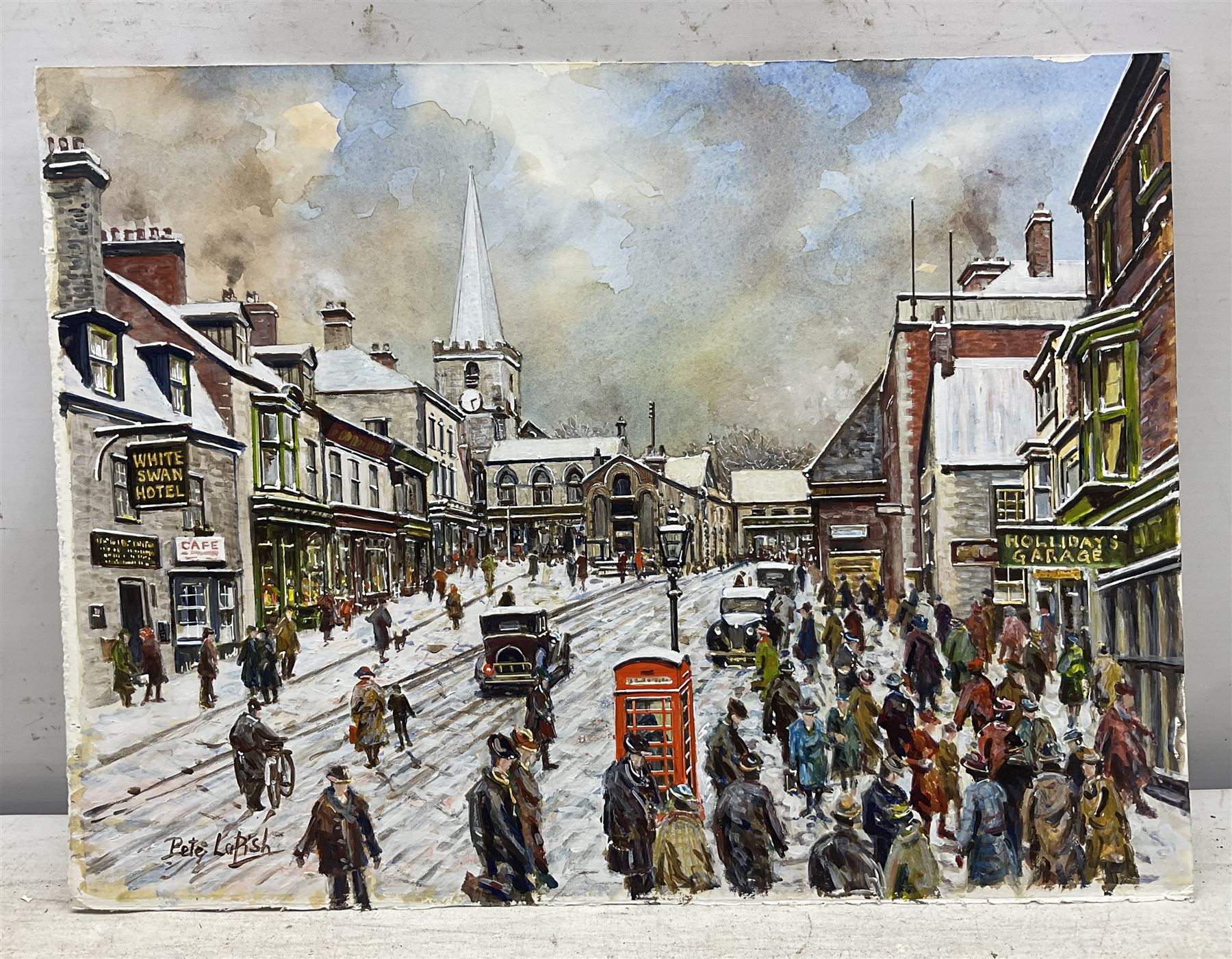 Peter Lapish (British 1937-): 'Market Place Pickering circa 1930s', acrylic on paper signed, titled verso 27cm x 37cm