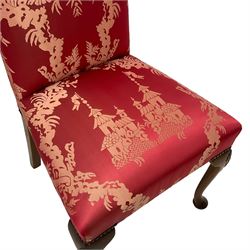 Georgian design mahogany framed high-back side chair, upholstered in red fabric decorated with Japanese figures in a garden landscape and pagodas, on shell carved cabriole front supports
Provenance: From the Estate of the late Dowager Lady St Oswald