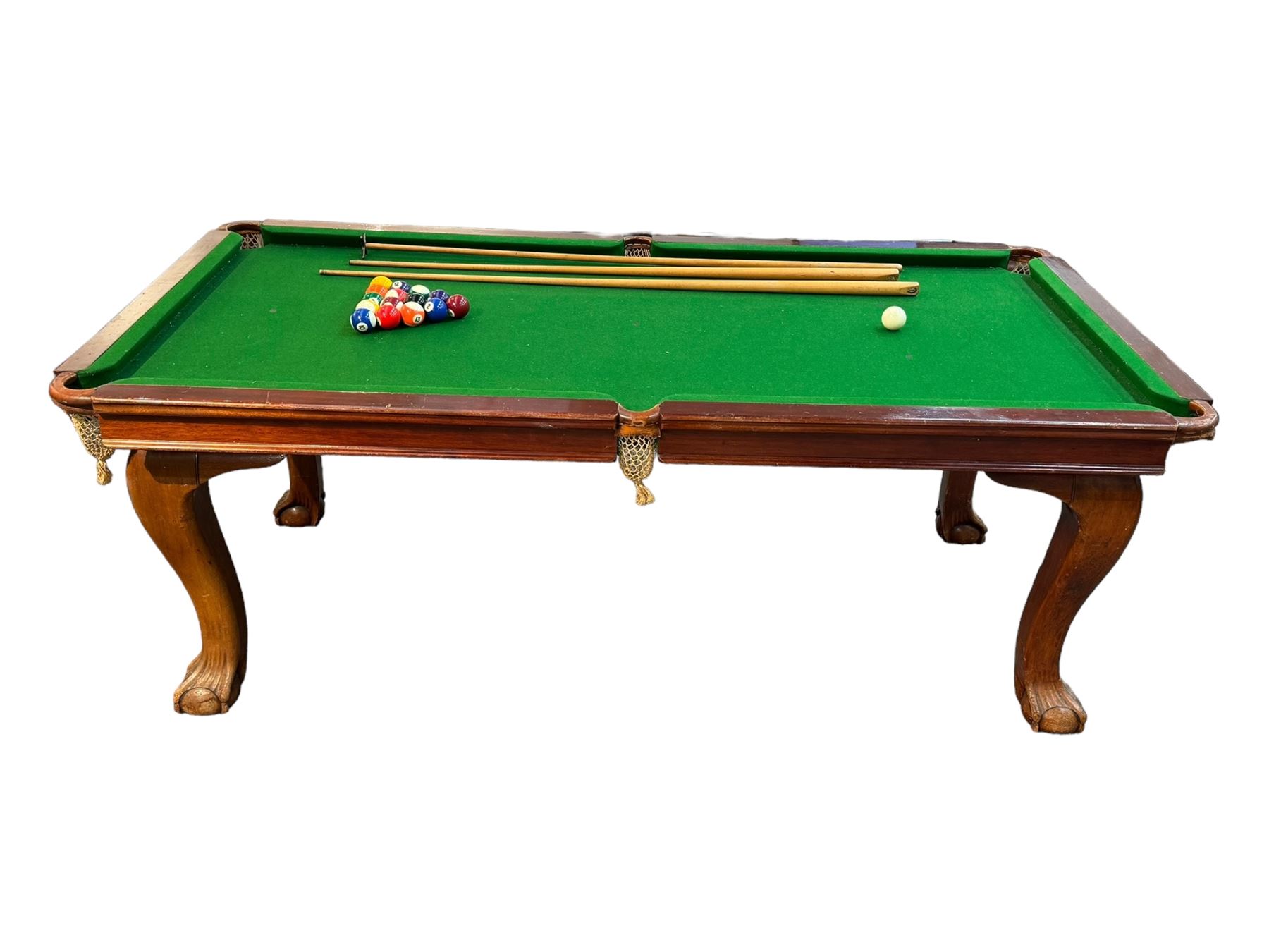 Riley - mahogany slate bed snooker dining table, green baize playing surface fitted with leather net pockets, raised on cabriole supports ending in ball and claw feet; together with set of Riley cues, balls and scoreboard