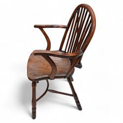 19th century yew wood and elm Thames Valley Windsor armchair, hoop and stick back over shaped arms, dished elm seat on turned supports united by crinoline stretcher 