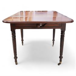 19th century mahogany centre table, moulded drop-leaf top with rounded corners and rosewood band, fitted with single cock-beaded drawers and opposing false drawer, on rope twist supports with brass cups and castors 