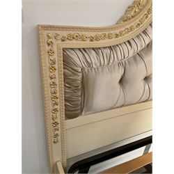 Barnini Oseo - super king 6' 'Reggenza' bedstead, the headboard with a pierced cartouche pediment with extending scrolling foliage, decorated with trailing gilt flower heads, upholstered in buttoned lilac velvet, raised on cabriole feet, in a cream finish