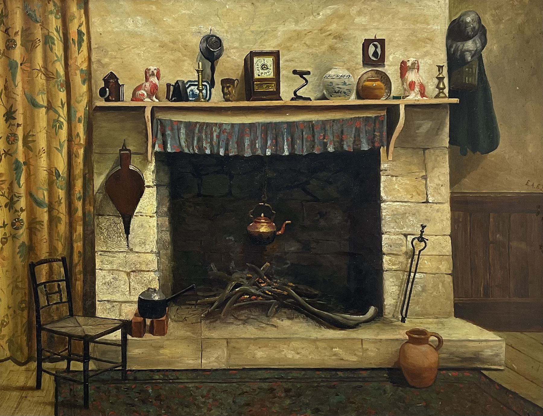 Attrib. Eugène Auguste François Deully (French 1860-1933): A Welcoming Hearth, oil on canvas signed with initials EAFD 49cm x 64cm