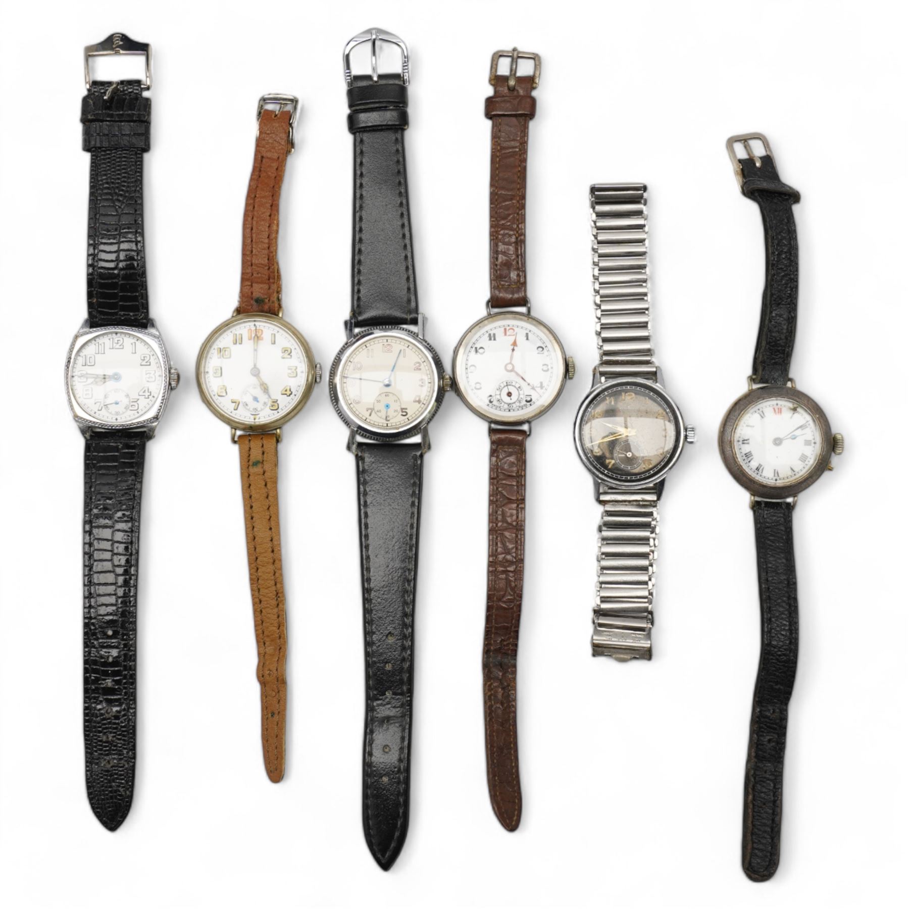 Collection of early - mid 20th century manual wind wristwatches including silver with white enamel dial and subsidiary seconds dial, Para Neptune stainless steel with black dial and four others (6)