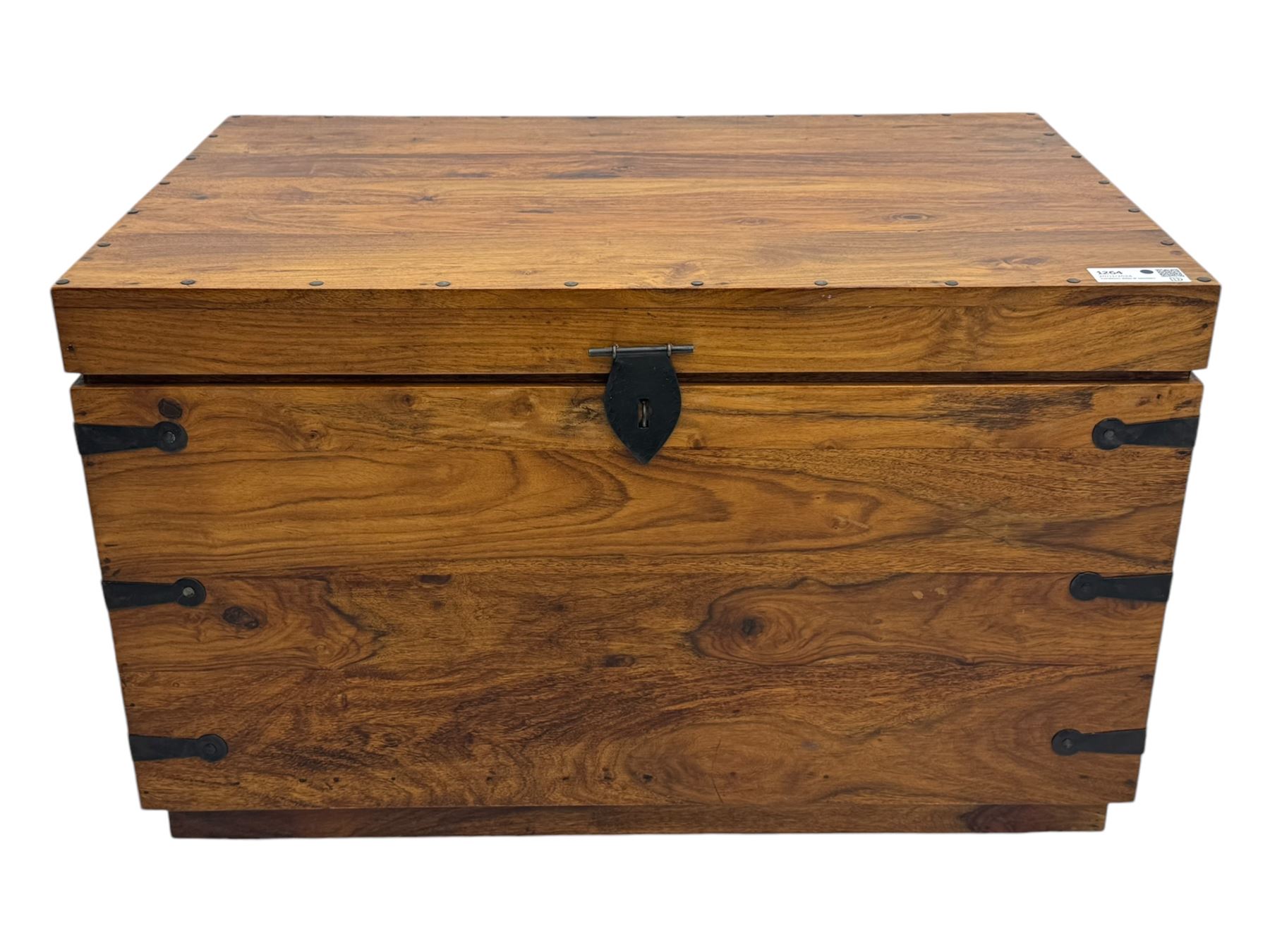 Hardwood and metal bound chest, enclosed by hinged lid, fitted with metal carrying handles