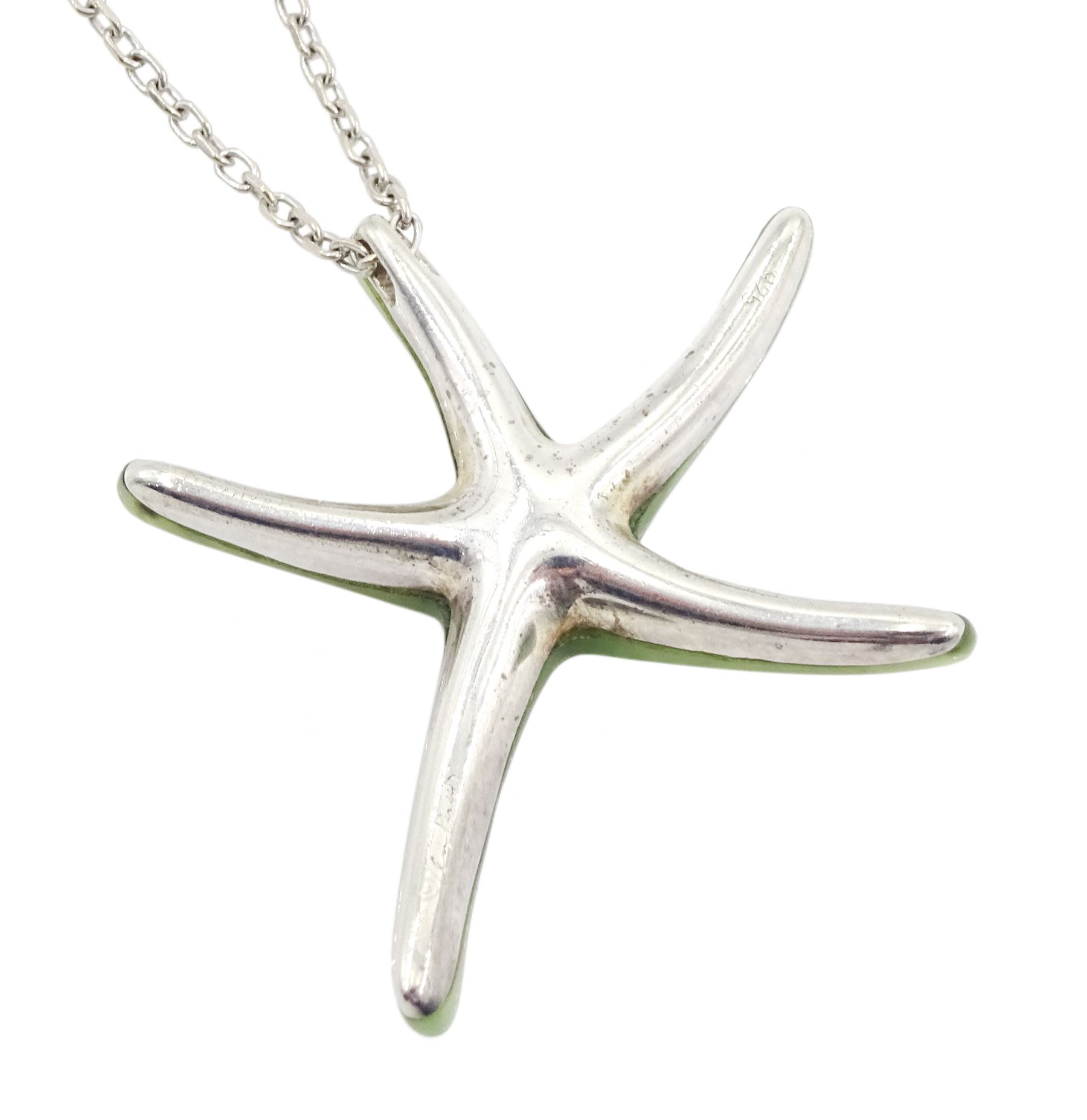 Tiffany & Co silver jade Starfish pendant by Elsa Peretti, on Tiffany 18ct white gold trace link chain necklace, hallmarked, boxed with pouch