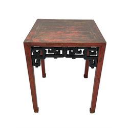 Late 19th century Chinese Qing dynasty red and black lacquered wood tall tea table, Shanxi region, square top over geometric scroll fretwork panels, on square supports with hoof feet 