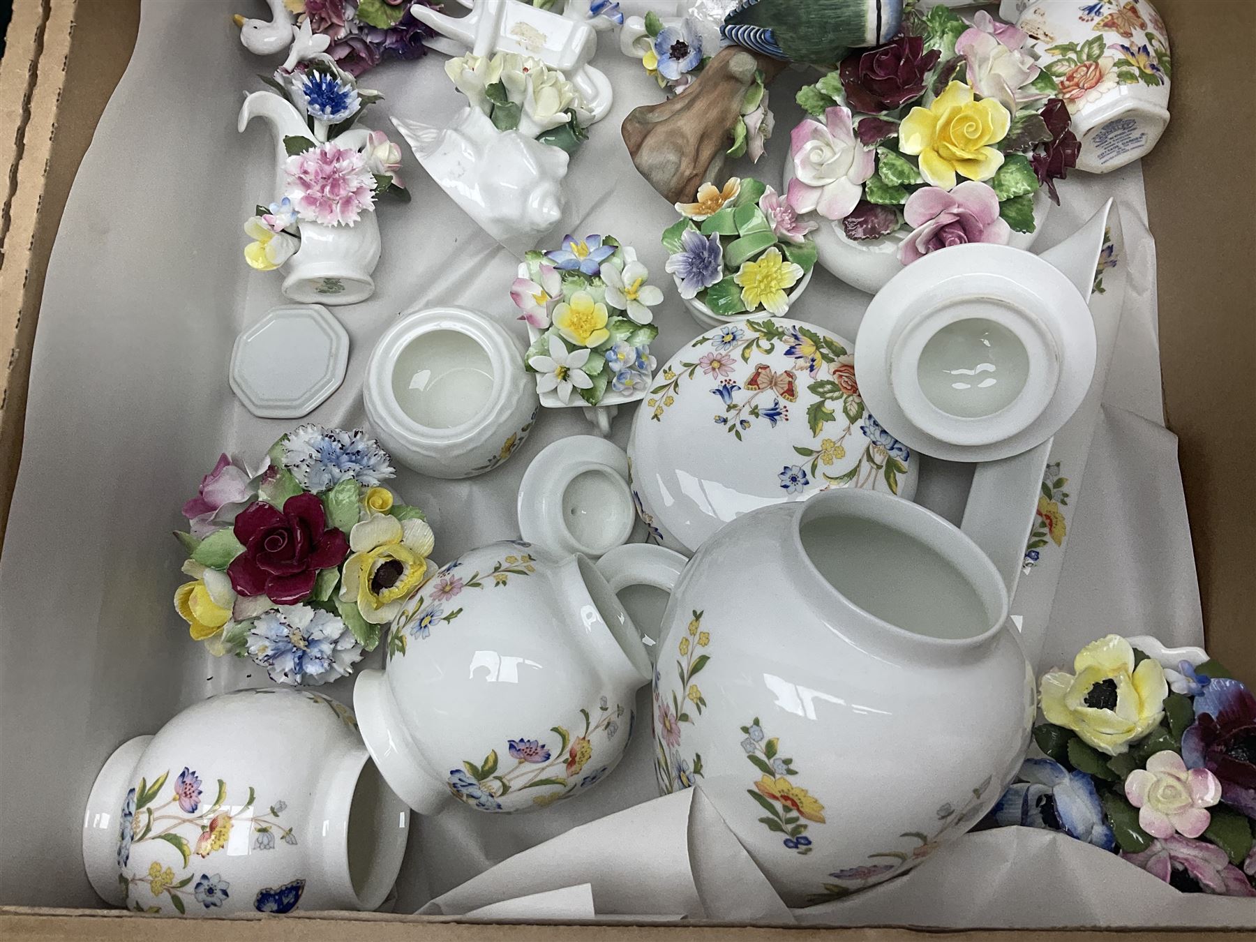 Aynsley Cottage Garden pattern ceramics, including vases and jars, together with a collection of flower baskets and similar, together with a collection of other ceramics and collectables, in three boxes 