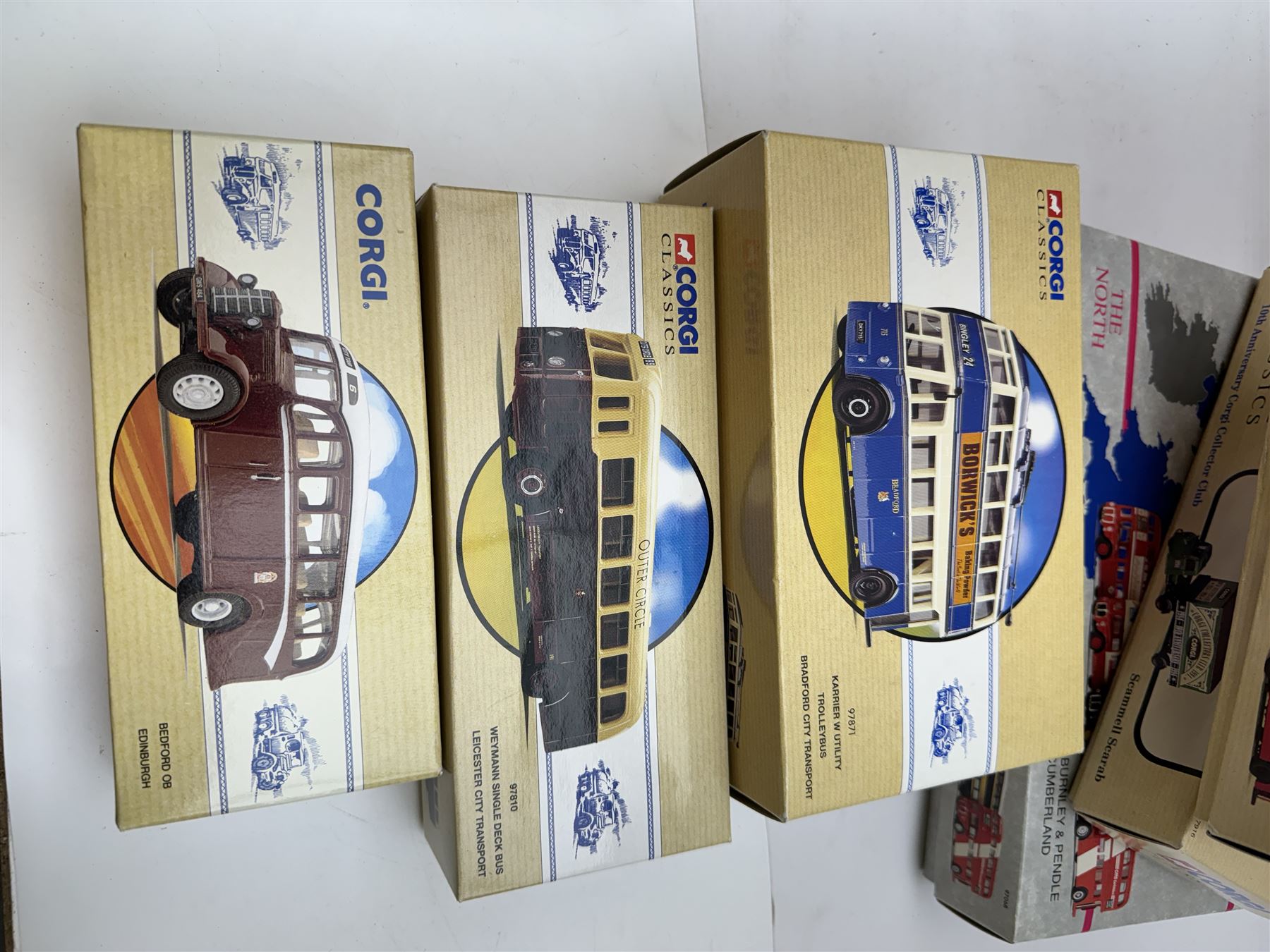 Fifteen limited edition Corgi Classic Public Transport vehicles, together with a 10th Anniversary Corgi Collector Club Scammell Scarab, Routemasters in Exile The North four bus collection and a Classic Commercials Bedford OB Edinburgh, all boxed with certificates (18)