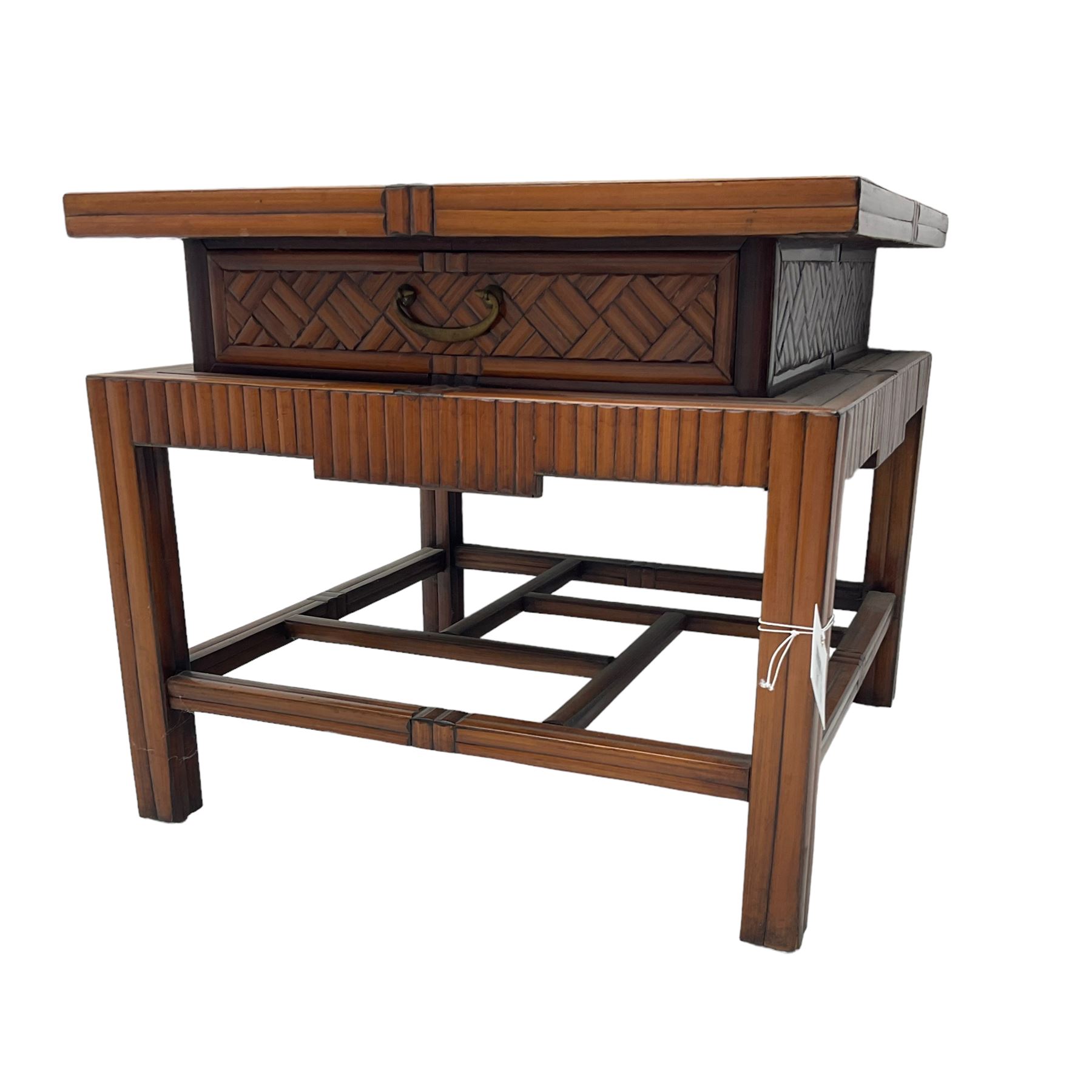 Chinese design bamboo and wood coffee table, parquetry lattice-work bamboo, on square supports joined by a series of geometric stretchers