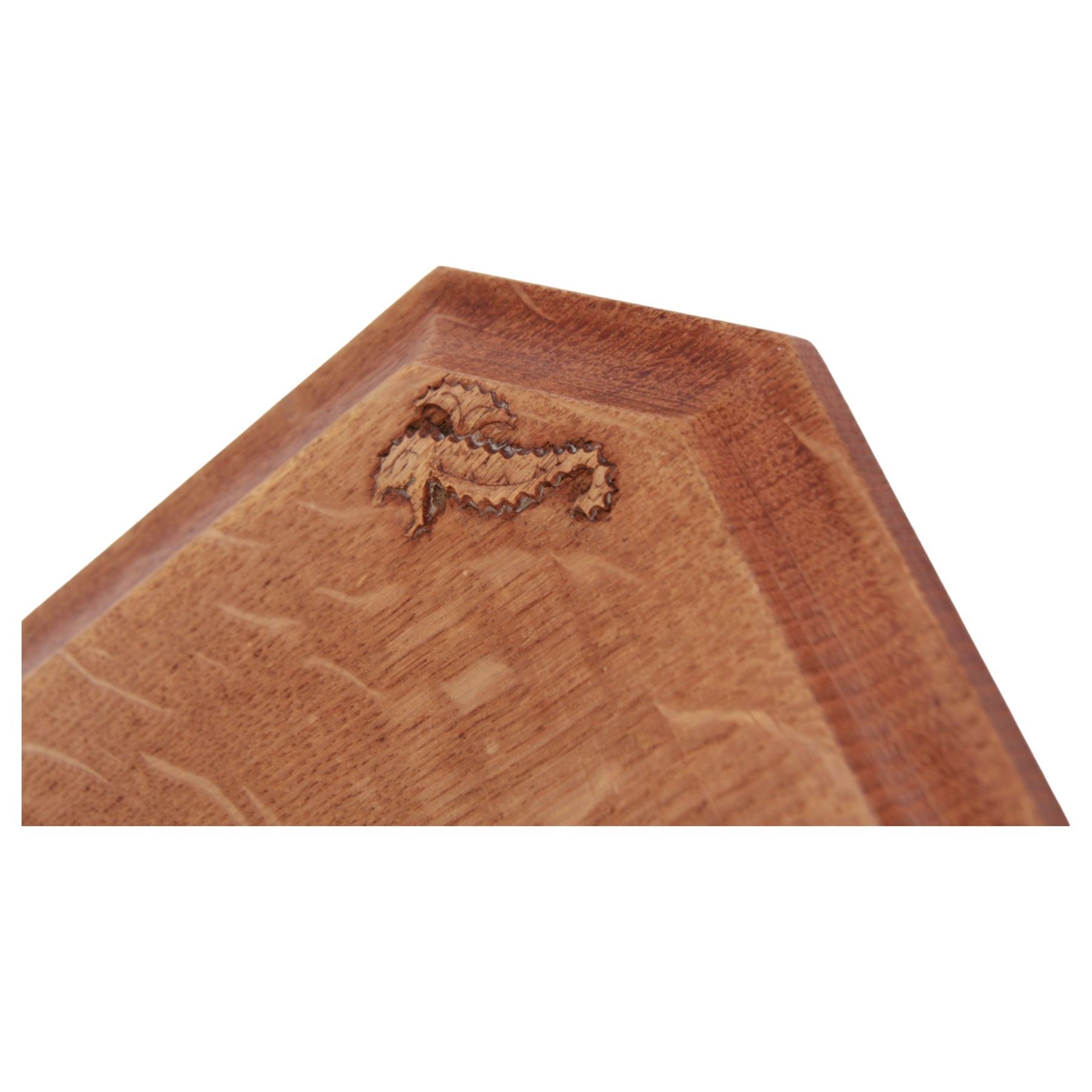 Seahorseman - oak breadboard, canted rectangular form with moulded edge, carved with seahorse signature, by Shaw and Michael Riley, Hessay, York