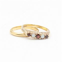 18ct gold wedding band and a 9ct gold opal and garnet five stone ring, both hallmarked 
