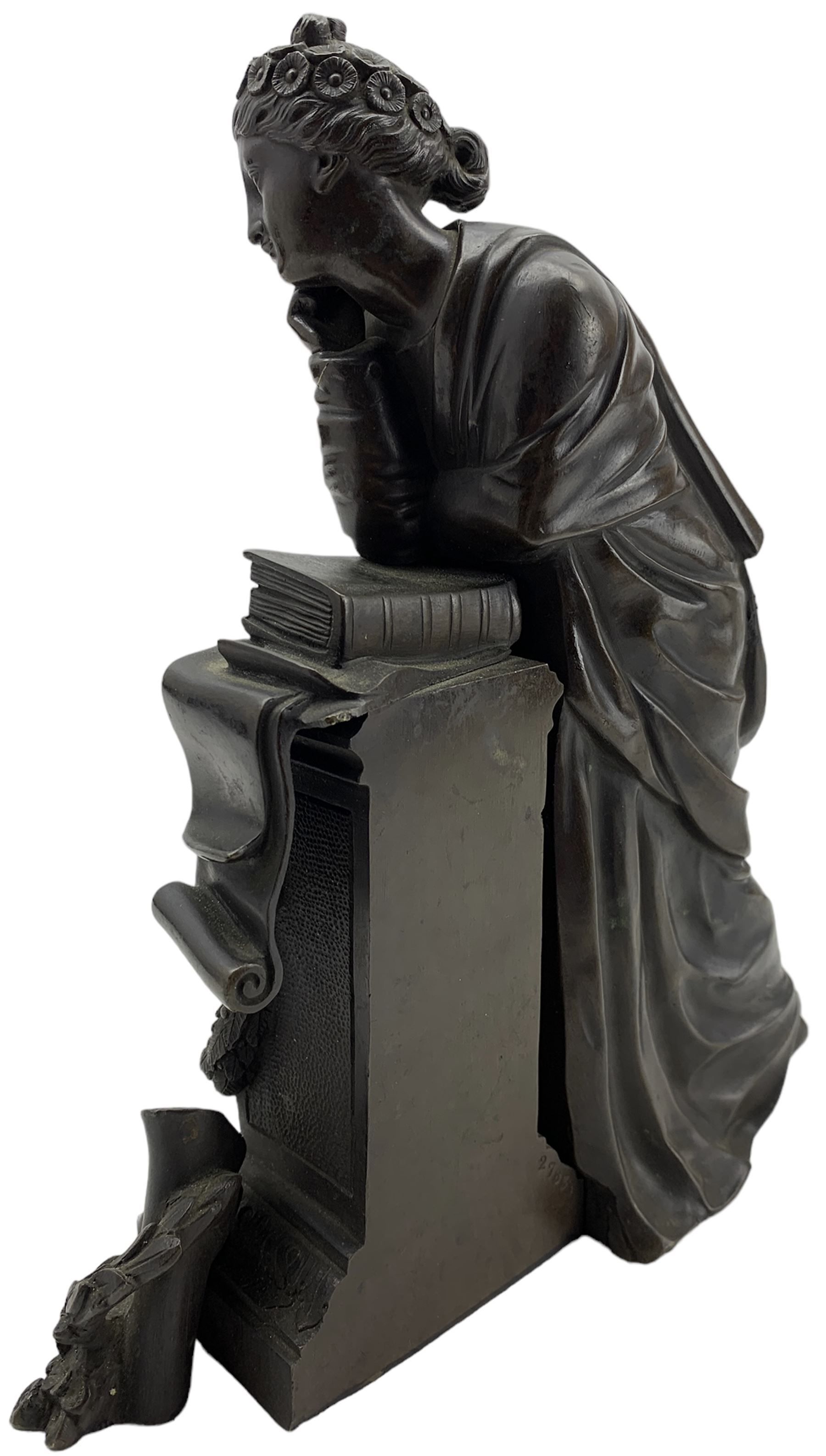 19th century French bronze sculpture of a Classical female muse leaning against a pedestal applied with a book, unsigned, numbered verso 2783, H26cm