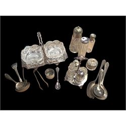 Silver plate, including Walker & Hall four piece faceted glass cruet set on stand, cutlery, glass jars, sugar caster and a twin serving dish