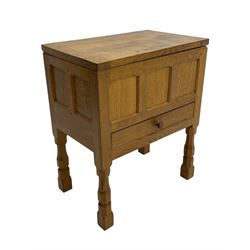 Mouseman - oak work or sewing box, rectangular adzed top inscribed 'L. M. C. 1976' enclosing vacant interior, triple panelled front and double panelled sides, fitted with single drawer, on octagonal supports, carved with mouse signature, by the workshop of Robert Thompson, Kilburn 