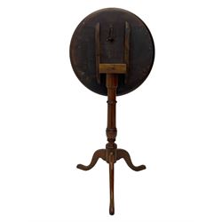 George III mahogany tripod table, circular moulded dished tilt-top, ring turned stem on three splayed supports 