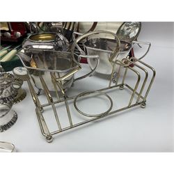 Silver plated four piece tea service, comprising teapot, coffee pot, open sucrier and milk jug, together with card case embossed with animals, flatware etc, 