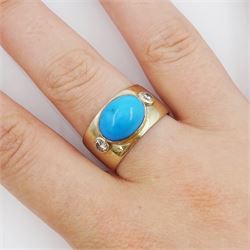 15ct gold three stone oval turquoise and round brilliant cut diamond ring, total diamond weight approx 0.20 carat