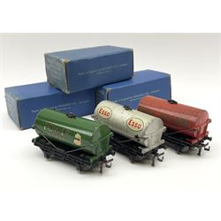 Hornby Dublo - Petrol Tank Wagon D1 'Power Ethyl'; Oil Tank Wagon D1 'Royal Daylight'; and Petrol Tank Wagon D1 'Esso'; all in medium blue boxes (3)