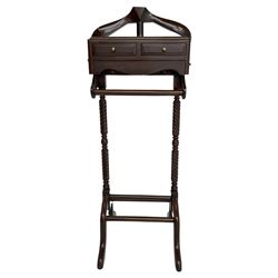 Regency design mahogany dumb-valet, fitted with jacket hanger, over two drawers and rail, twist-turned upright supports, on splayed feet united by shoe rests