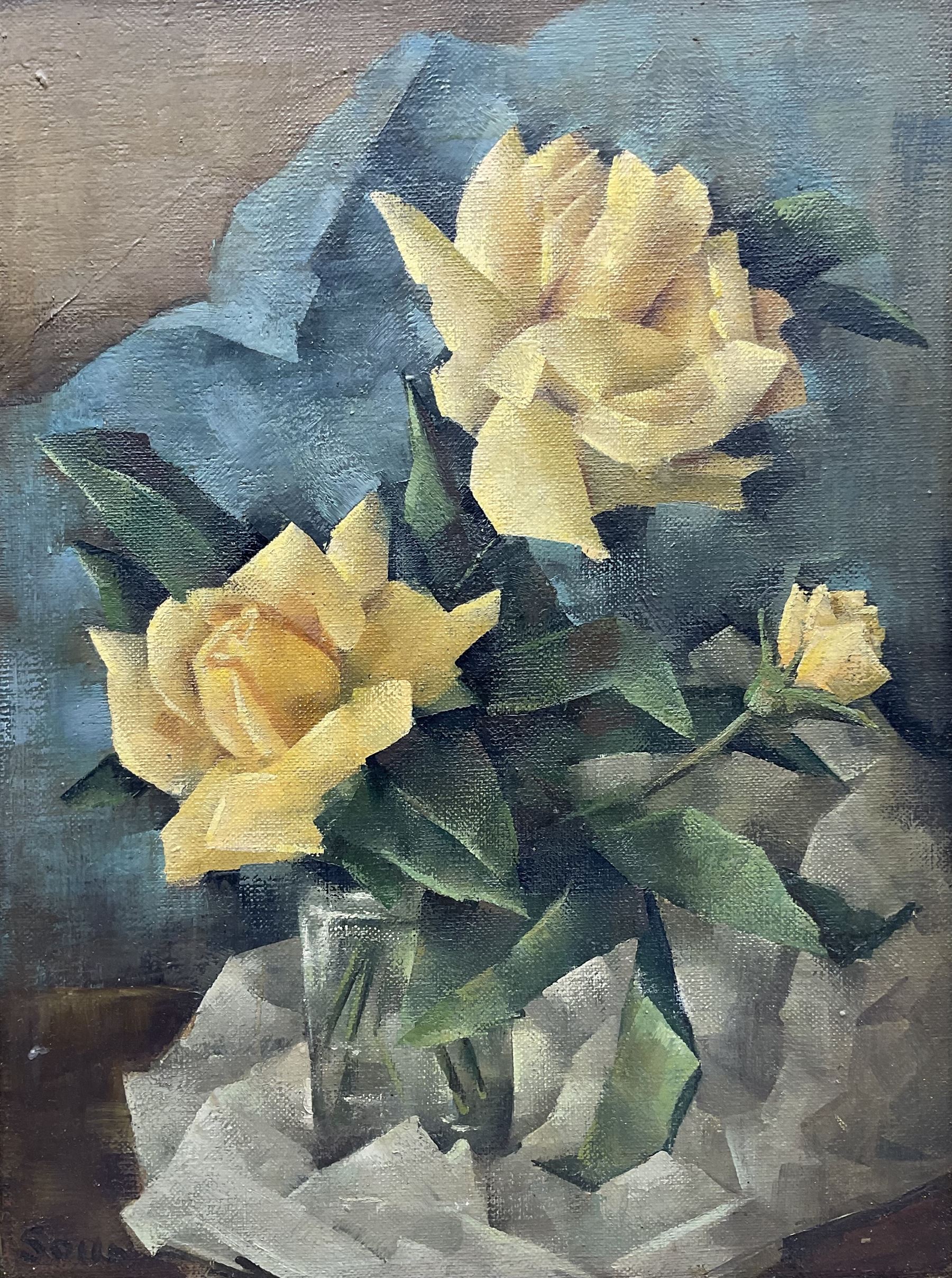 Ellen Soar (Mid 20th century): 'Yellow Roses' still life in the Cubist style, oil on canvas signed, titled verso with artist's address '77 Downs Hill, Beckenham, Kent' 39cm x 29cm
Provenance: exh. Society of Women Artists at The Royal Institute, Piccadilly (1948-1969)