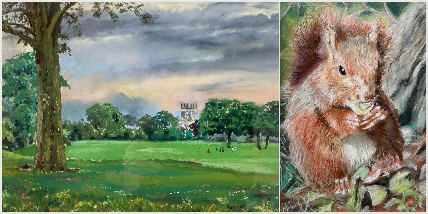 Mike Gunnell (British 20th Century): 'Hall Garth Park - Hornsea', pastel signed, titled verso 26cm x 37cm; English School (Contemporary): A Squirrel's Feast, pastel indistinctly signed 34cm x 25cm (2)