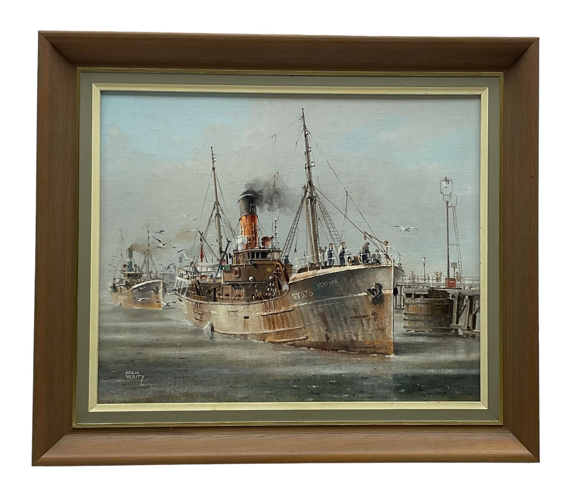 Colin Verity (British 1924-2011): Grimsby Trawler Leaving Port, oil on board signed 28.5cm x 35cm 