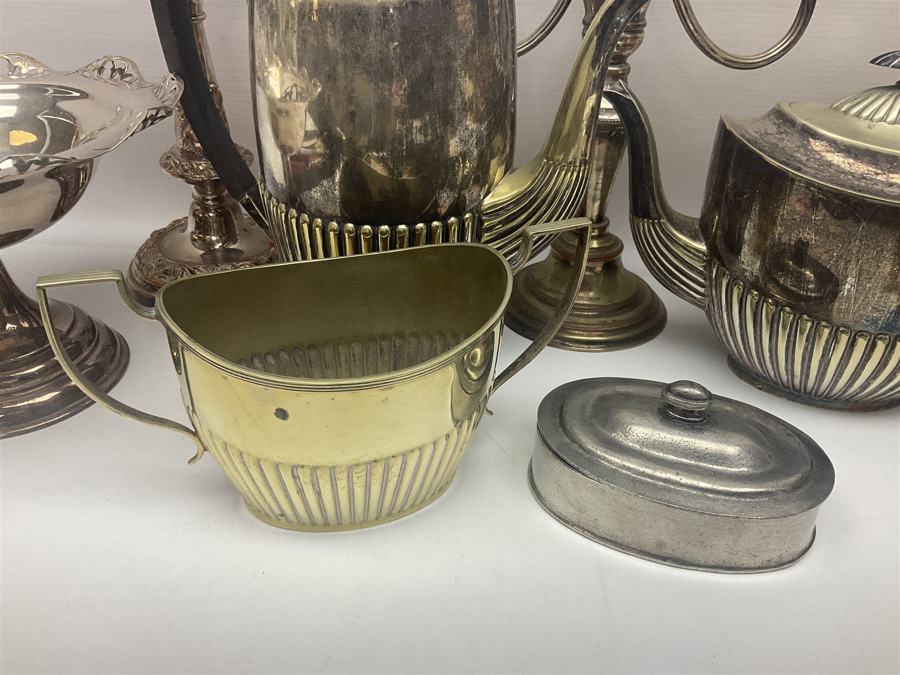 Collection of silver plate, to include pedestal dish, candle sticks, tea service etc  