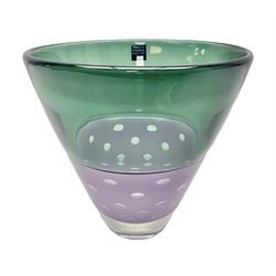 Stuart Akroyd glass vase, green banded top and purple opaque lower section with bubble inclusions, with sticker and engraved signature beneath, H15.5cm