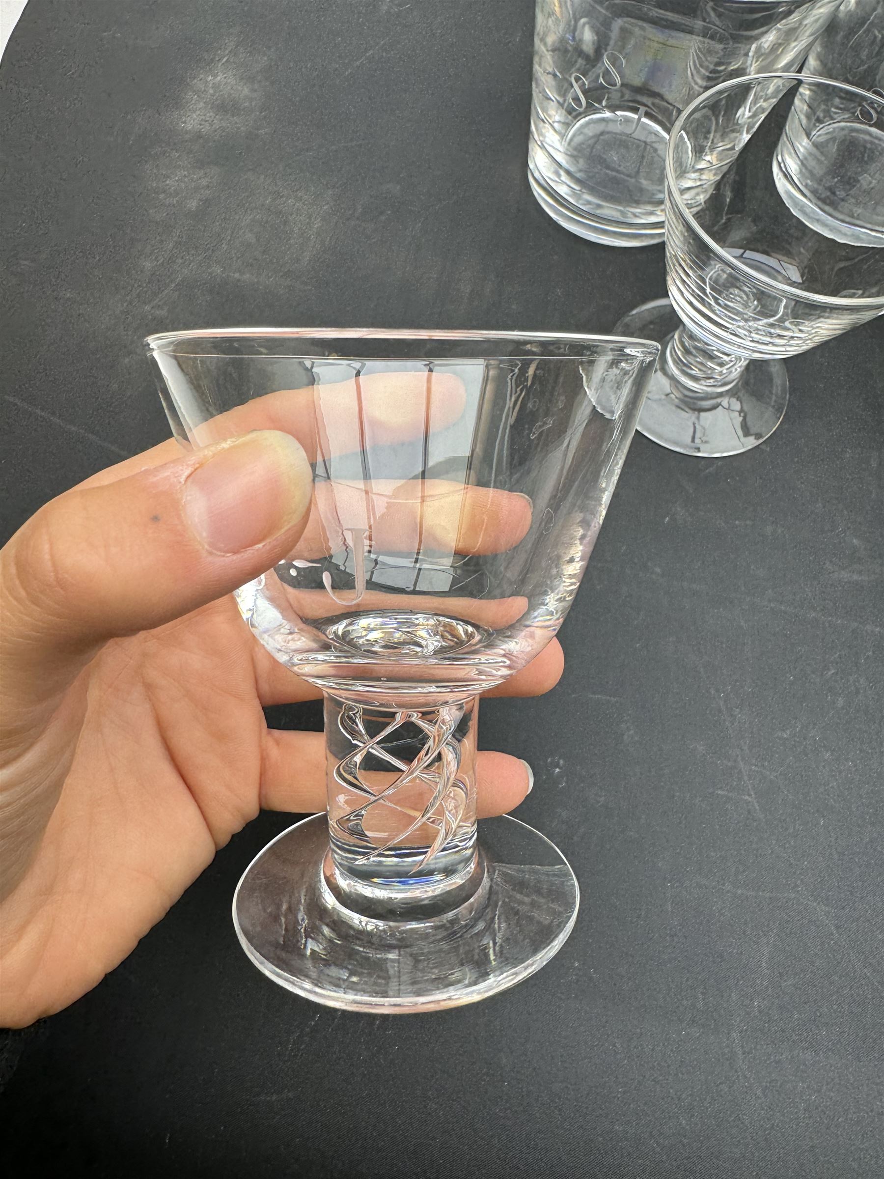 Steuben glassware, comprising set of four air twist cocktail glasses, together with four tumbles and one whisky glass, all engraved SSJ