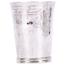 Commonwealth silver cup, of cylindrical form engraved with foliate band and motifs beneath slightly tapering rim, and stipple engraved with monogram 'MT', upon short banded foot, hallmarked Edward Treene, London 1657, H10.5cm D8cm