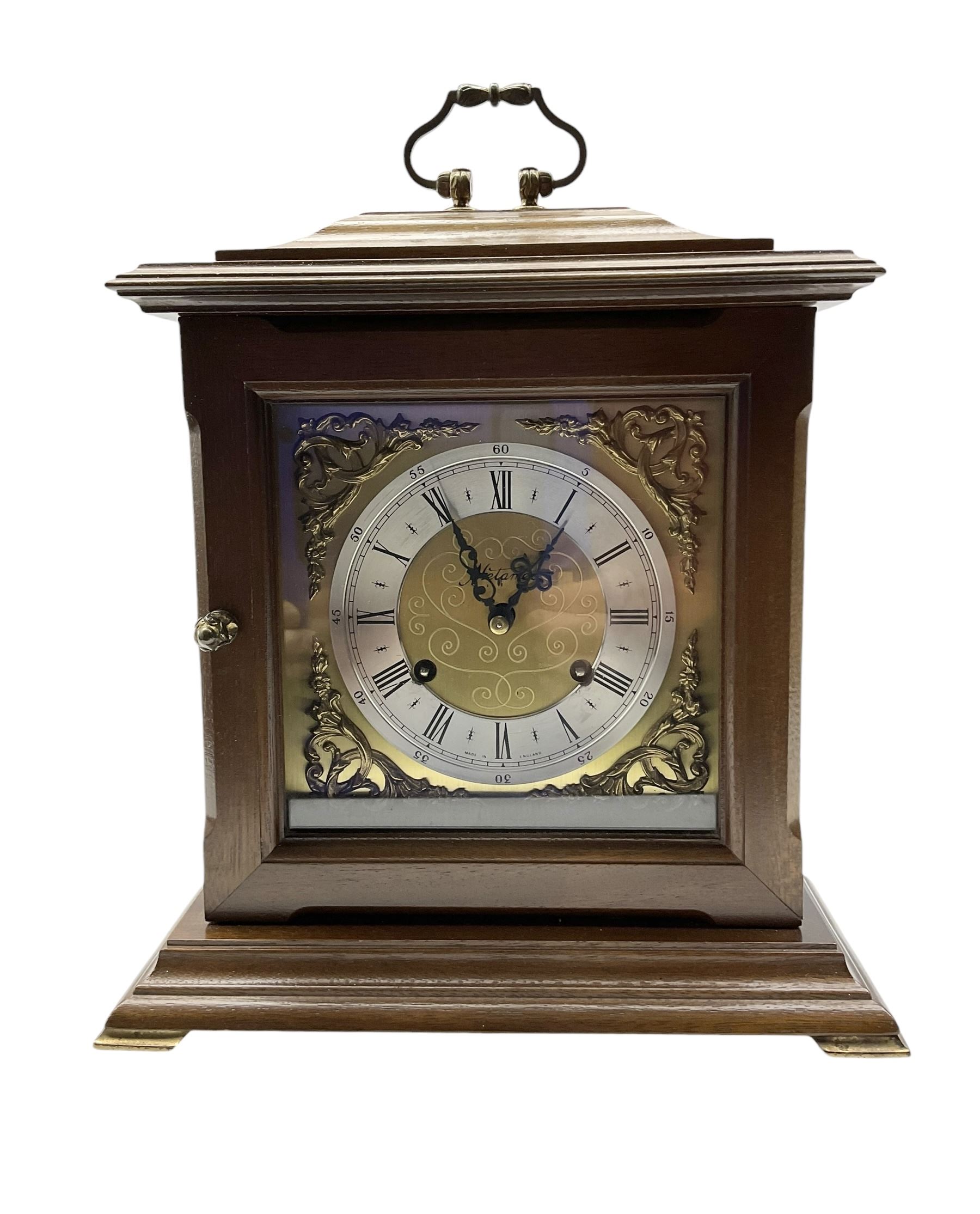 20th oak cased mantle clock, German spring driven movement striking the hours on three gong rods.