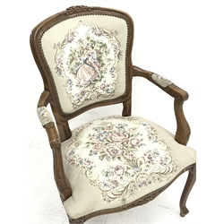 *Beech framed French style open armchair upholstered in tapestry fabric, W59cm