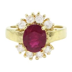 14ct gold oval cut ruby and round brilliant cut diamond cluster ring, stamped, ruby approx 2.00 carat, total diamond weight approx 0.40 carat