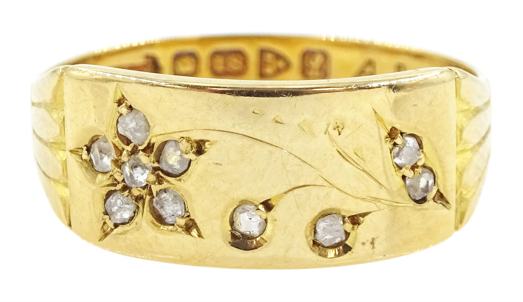 Edwardian 18ct gold rubover set diamond floral band, Chester 1911