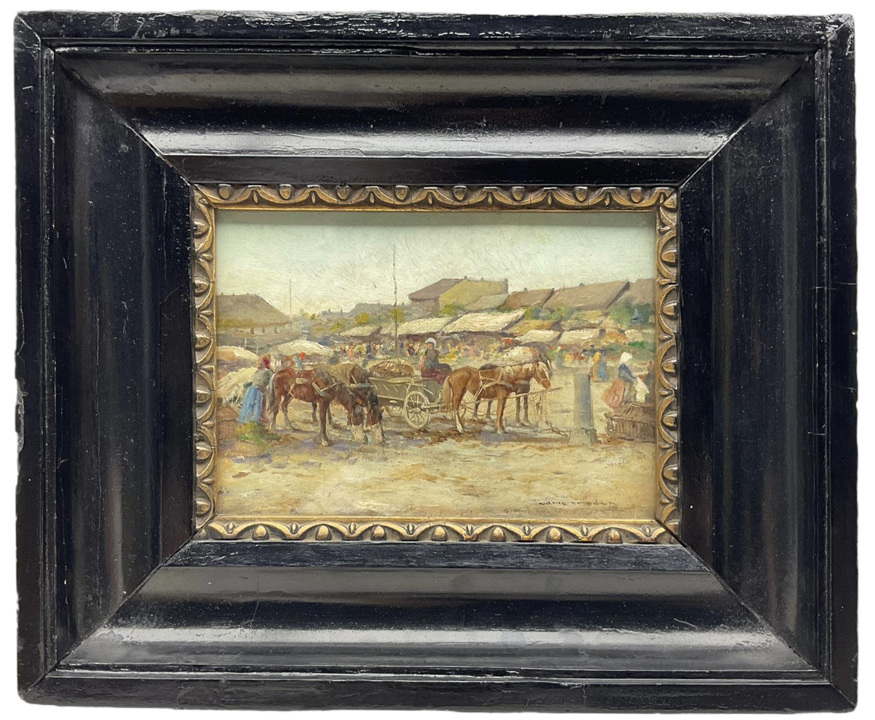 Béla Németh (Hungarian 1856-): Market Day, oil on board signed, indistinctly inscribed and stamped with artists address verso 13cm x 19cm 