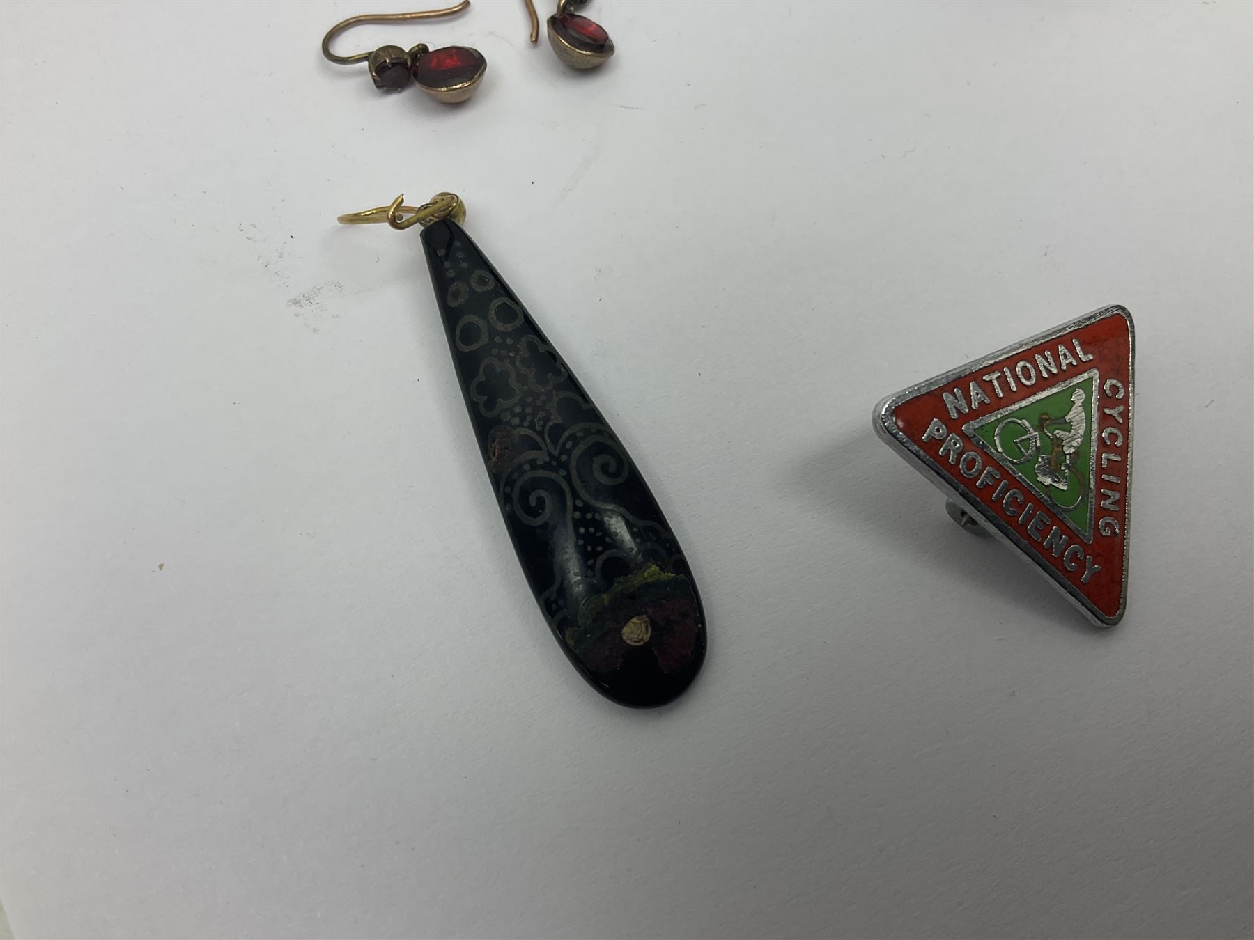 Victorian and later costume jewellery, including 'In Memory Of' mourning pendant, pair of stone set earrings, opal brooch, stick pins, etc 