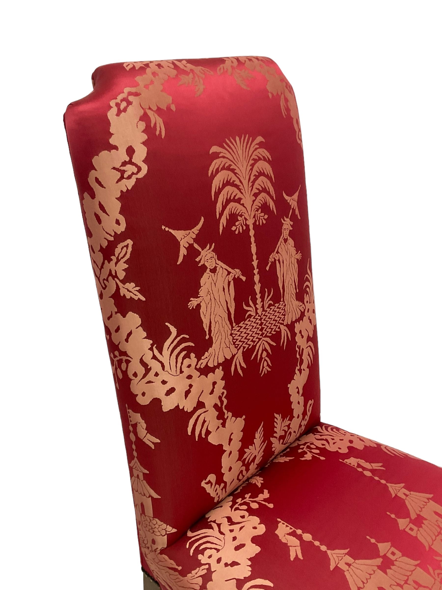 Georgian design mahogany framed high-back side chair, upholstered in red fabric decorated with Japanese figures in a garden landscape and pagodas, on shell carved cabriole front supports
Provenance: From the Estate of the late Dowager Lady St Oswald