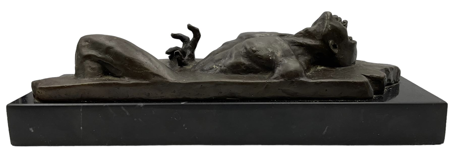 Bronze study of male nude after Seth Vandable, mounted on black marble plinth, L31cm