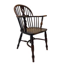 19th century yew wood and elm Windsor armchair, low double hoop stick and pierced splat back, dished seat on turned supports united by crinoline stretchers