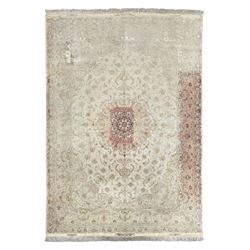 Persian Mahal densely knotted ivory ground carpet, floral rosette medallion surrounded by ...