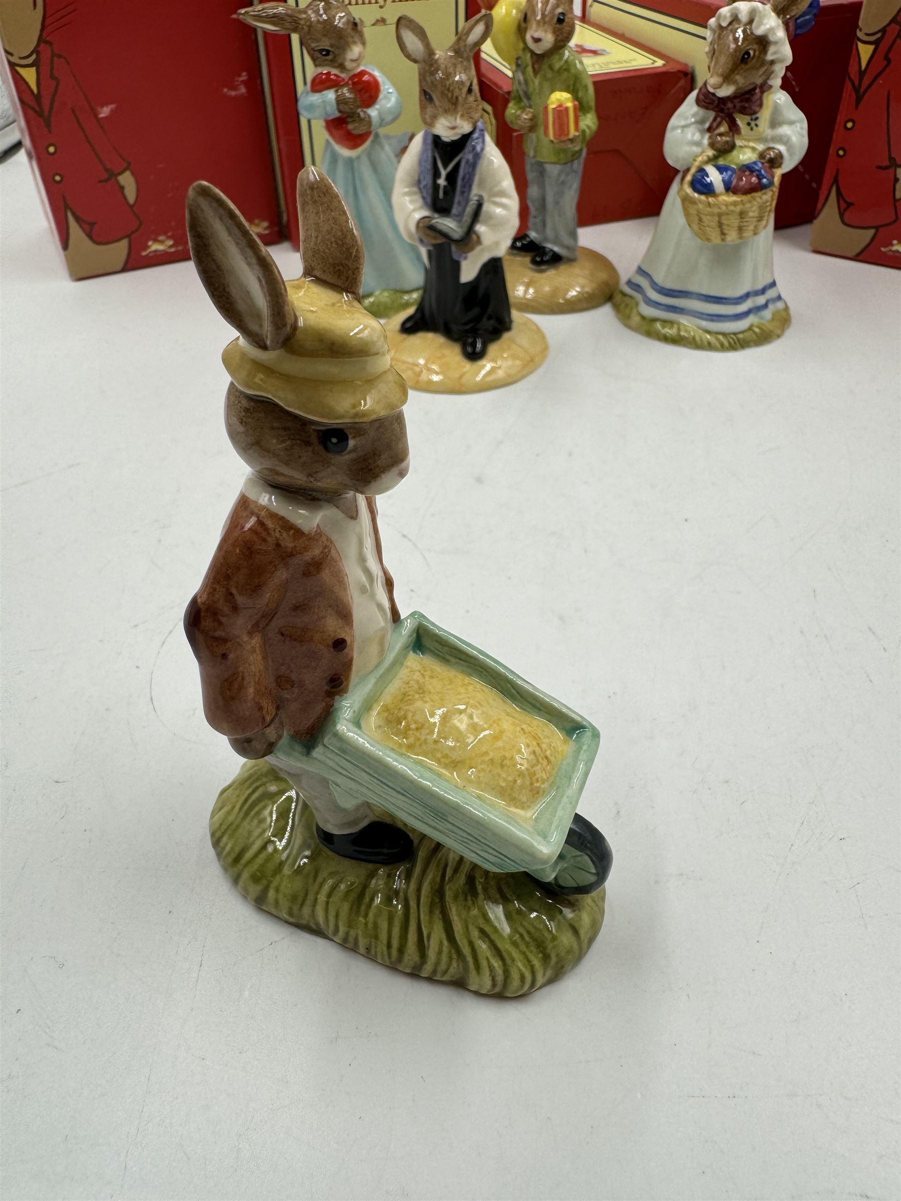 Five Royal Doulton Bunnykins, comprising Love Heart, Congratulations, Gardener, Vicar and Easter Parade all with original boxes 