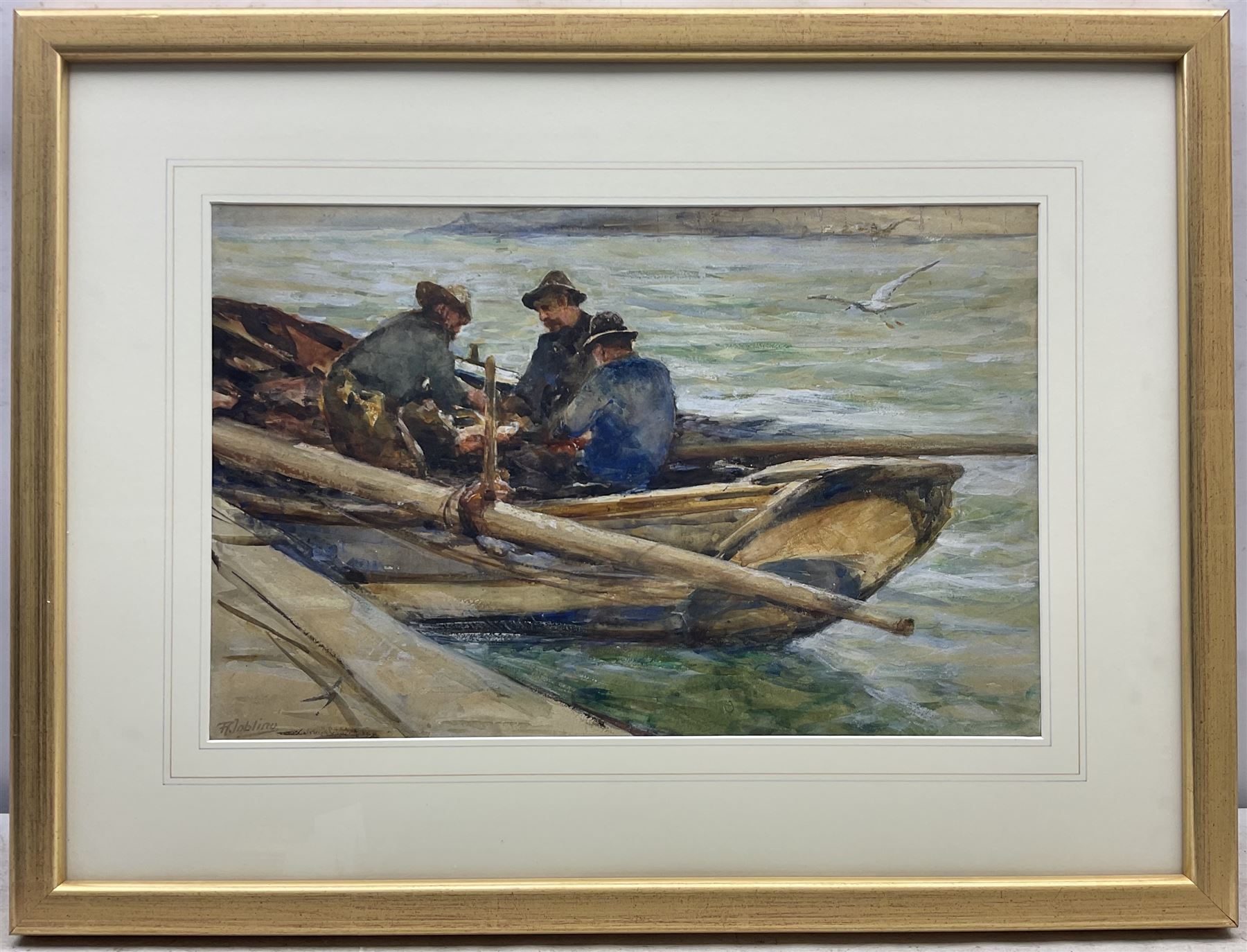 Robert Jobling (Staithes Group 1841-1923): Preparing the Coble at Runswick Bay, watercolour and gouache signed 32cm x 50cm