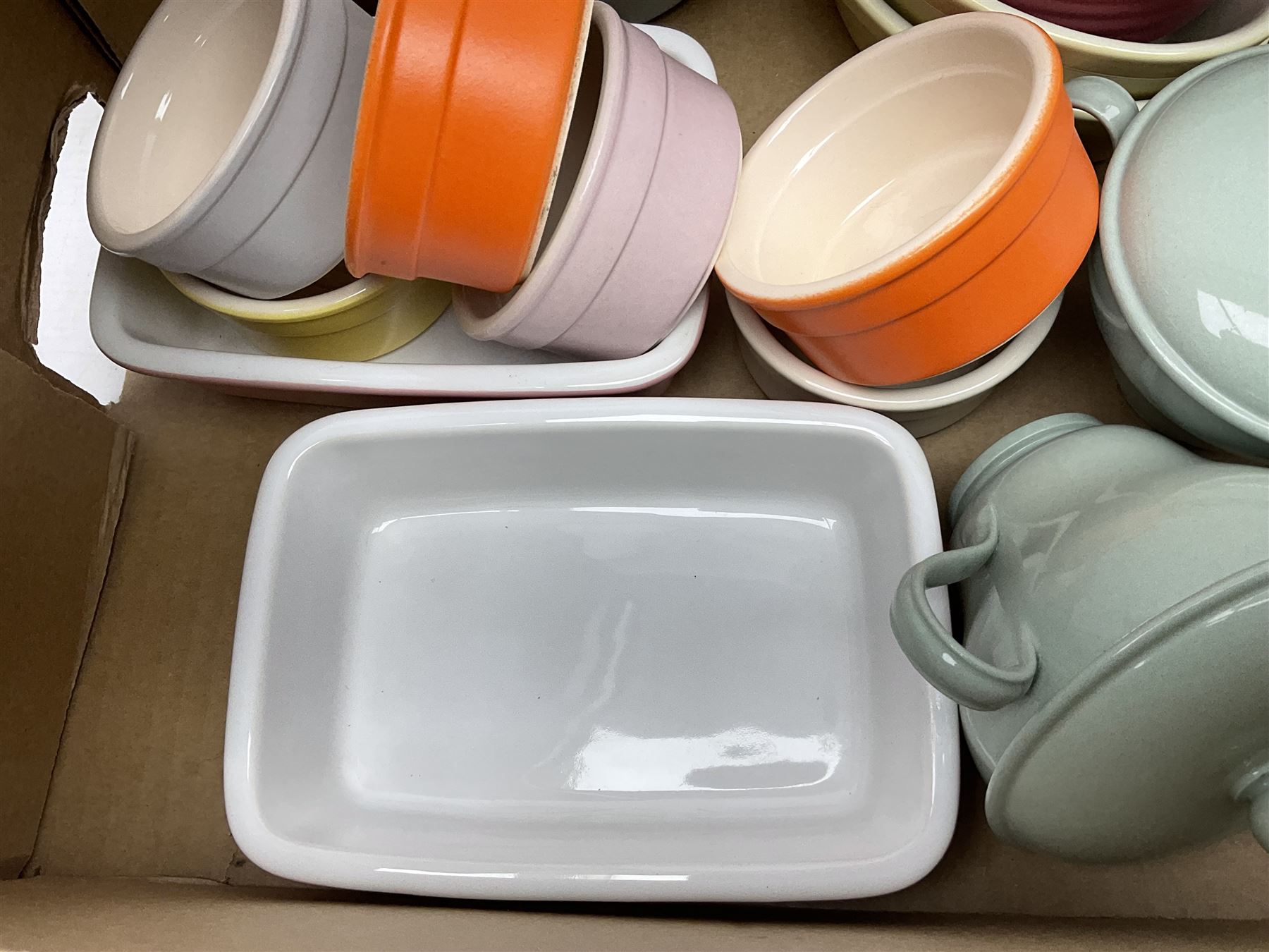 Collection of pastel coloured ramakins and pie dishes, including examples by Tala and Pots & Co, etc