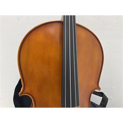 Modern Hungarian student's three-quarter size cello with 69cm two-piece maple back and ribs and spruce top, bears label 'Made in Hungary', L112cm overall; in soft carrying case