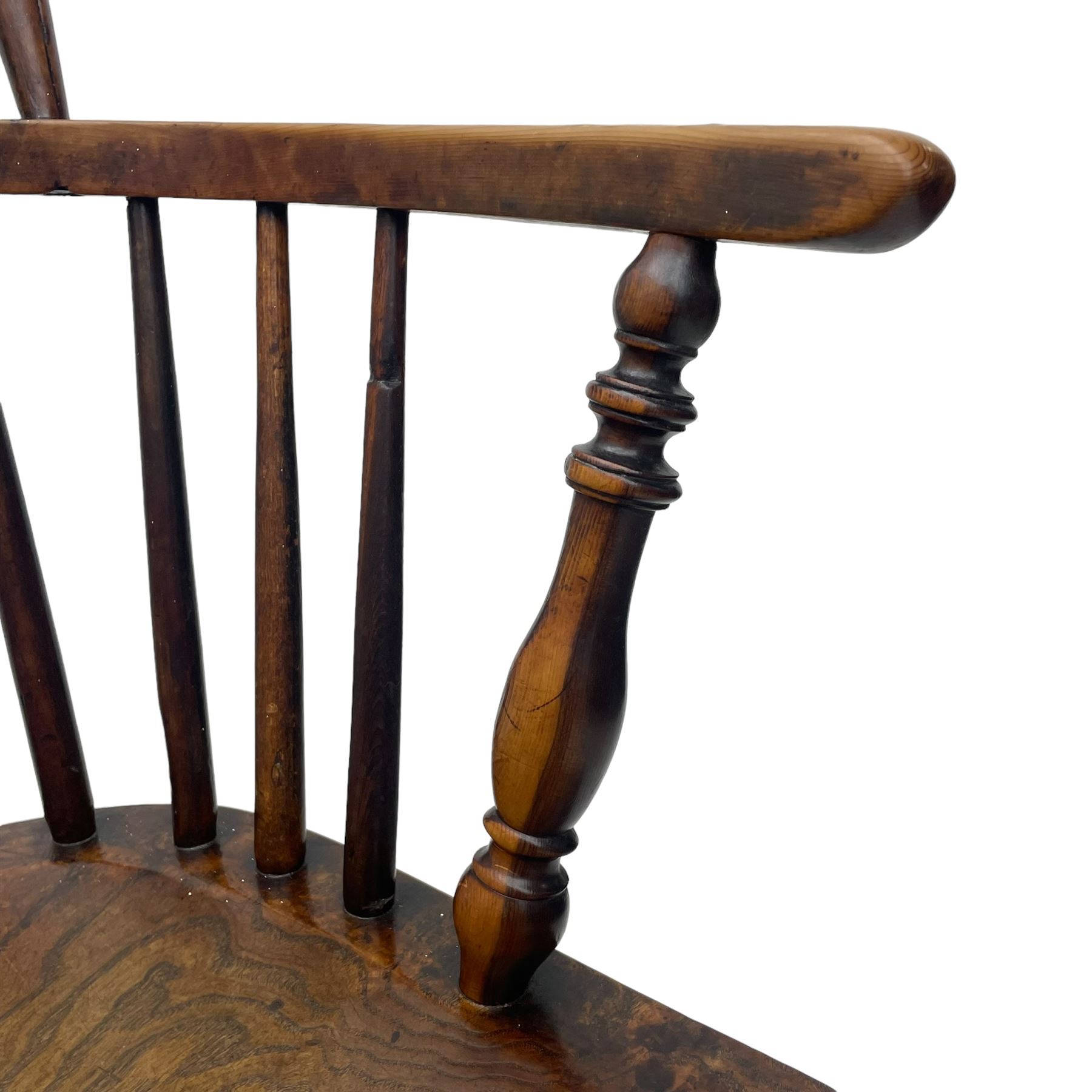 19th century yew wood and elm Windsor armchair, low double hoop stick and pierced splat back, dished seat on turned supports united by crinoline stretchers