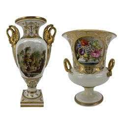 Early 19th century Derby vase, of campana urn form, decorated to one side with a hand painted reserve of a basket of flowers, within a scroll gilt border and twin serpent form handles, H20.5cm together with a Bloor Derby vase, hand painted with figures in a wooded landscape, with twin gilt swan form handles, upon a square pedestal foot, H25cm (2)