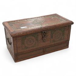 19th century Zanzibar teak and brass mounted chest, hinged lid enclosing divisions, the fr...