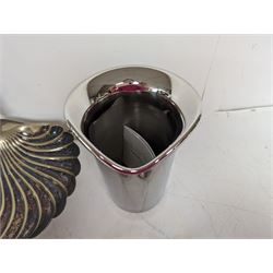 George Jensen stainless steel wine cooler, together with a silver plated pedestal dish, in the form of a clam shell and with squirrel decoration and four silver plated trinket dishes with applied pheasant decoration