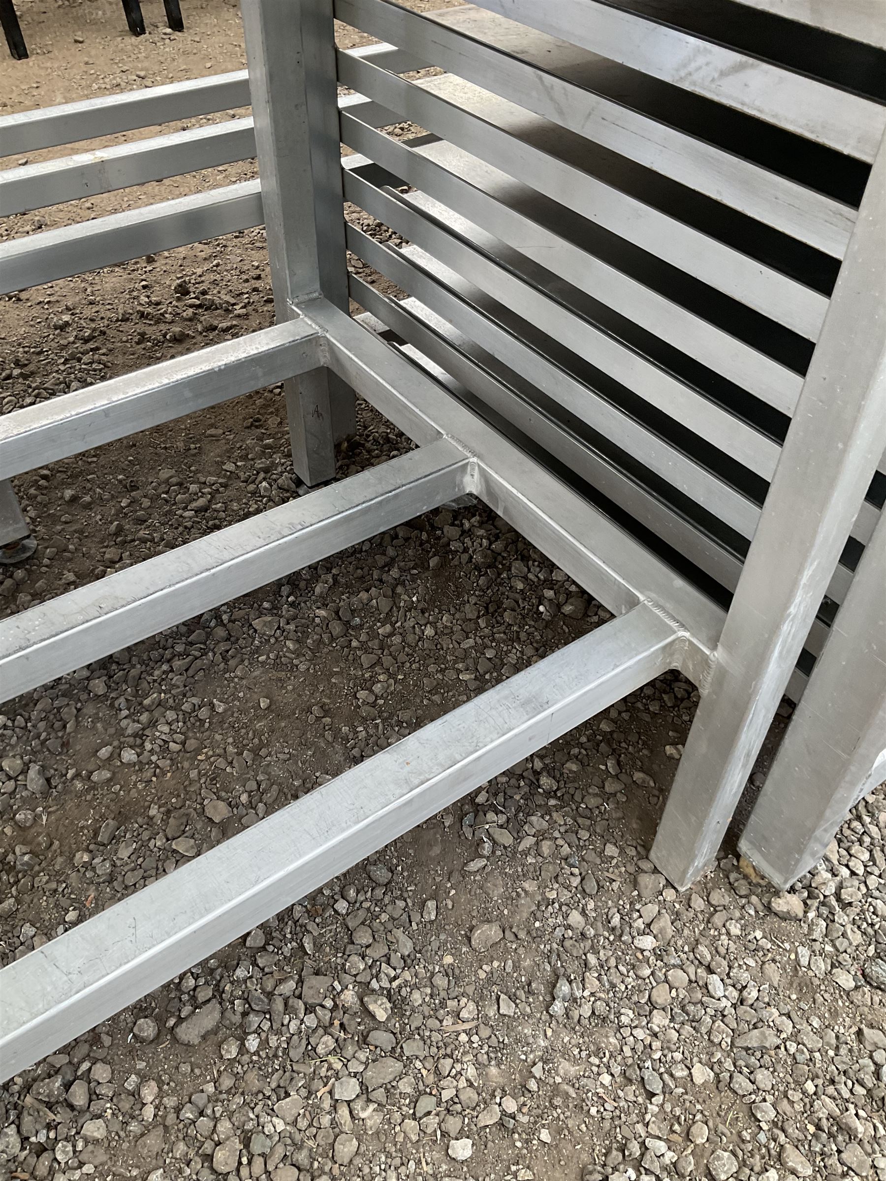 Aluminium framed preparation table with stainless top, barred under-tier, raised back - THIS LOT IS TO BE COLLECTED BY APPOINTMENT FROM DUGGLEBY STORAGE, GREAT HILL, EASTFIELD, SCARBOROUGH, YO11 3TX